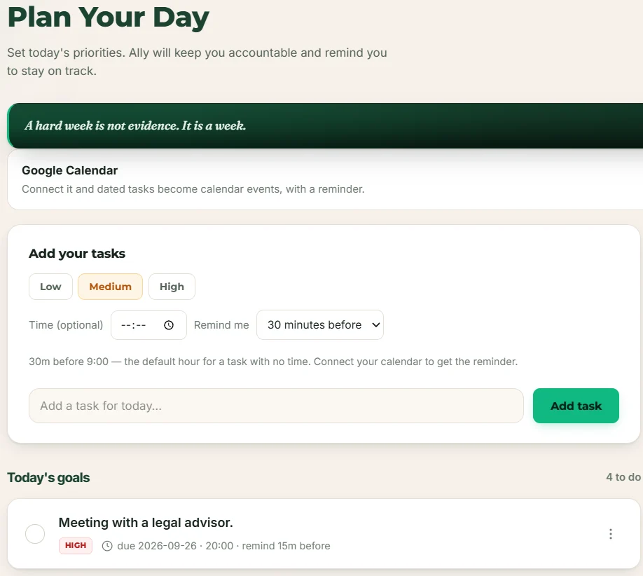 Plan Your Day in the Ally app: add a task with a priority, a time and a reminder; today’s goals are listed below.